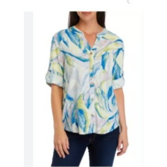 Cupio Womens top tunic Linen size large Blouse V-Neck Pocket Pastel Watercolor - Picture 2 of 5